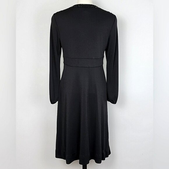 Talbots Petites Women's Black Fit & Flare Midi Dress Bead Neckline Waist Size 12 - Picture 2 of 16